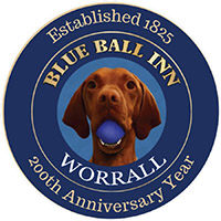 Blue ball logo which has a picture of a dog with a ball and the words Blue Ball Worrall