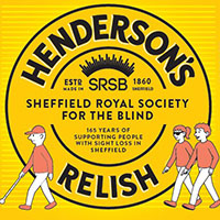 Hendersons label featuring illustrations of people with visual impairments one walking with a white cane and one walking with a guide