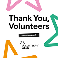 Graphic that Syas Thank you Volunteers Volunteers Week and has coloured stars around th words