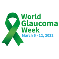 Graphic with a green ribbon and the words World Glaucoma Week March 6 to 12 2022