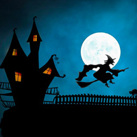 Illustration of a witch on a broomstick in front of a moon with a castle in the background